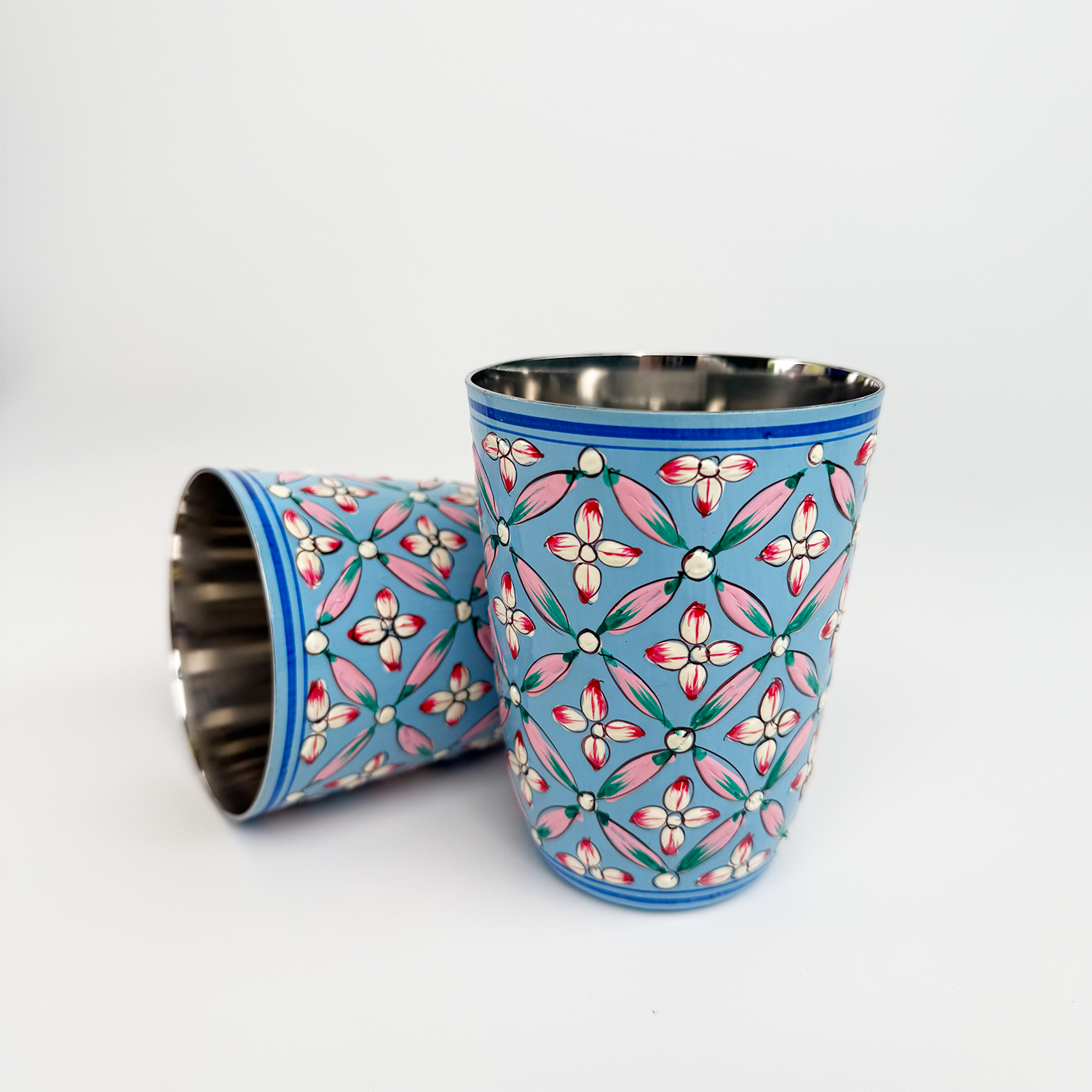 Hand-painted Stainless Steel Cups / Set of 2 Enamel-Coated and Hand-Decorated Cups