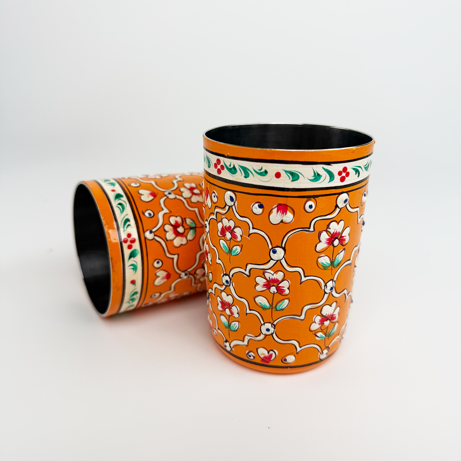 Hand-painted Stainless Steel Cups / Set of 2 Enamel-Coated and Hand-Decorated Cups